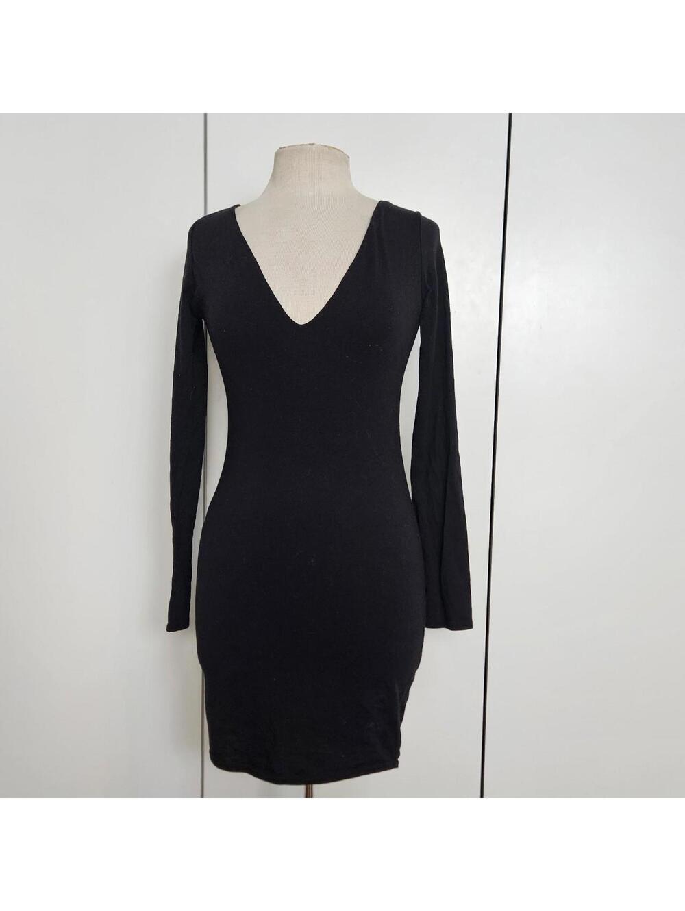 Black long sleeve bodycon dress, cotton blend, deep v neckline, open back Large